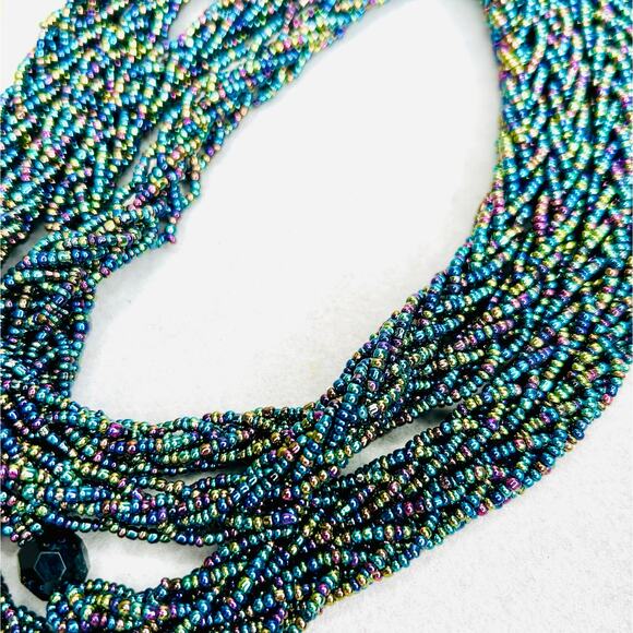 Dark Colorful Iridescent Thick Seed Bead Long Flapper Length Rope Necklace - Picture 2 of 5